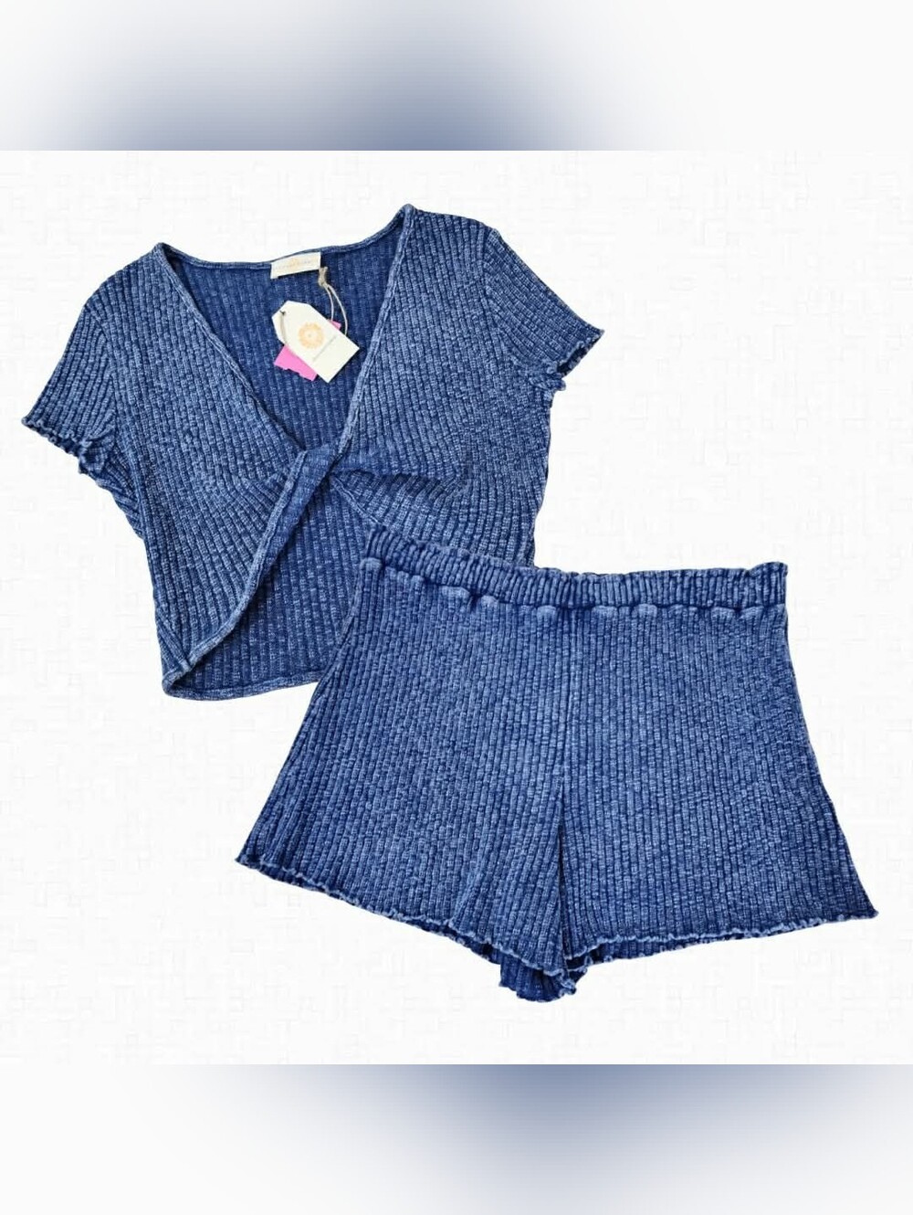 Blue Ribbed Knit Two-Piece Lounge Set - Crop Top & Shorts